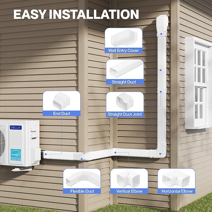 Della 3" 9 Ft Mini Split Line Set Cover with Flexible Duct, Decorative PVC Lineset Cover Kit, Paintable for Mini Split Air Conditioner, HAVC & Heat Pumps Systems Tubing Cover, White