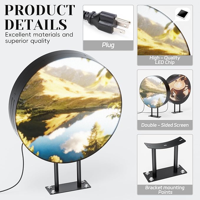 P2.5 Round Double-Sided LED Store Sign Programmable, Waterproof Full Color Custom Digital Display Screen, Video, Image, Text Signage Panel Board for Outdoor Business Advertising 20" Black