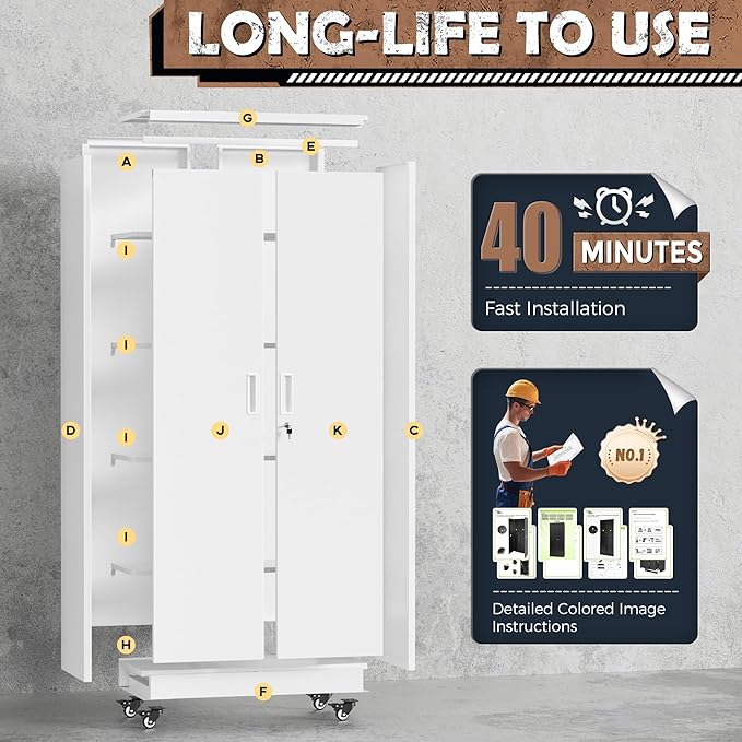 INTERGREAT Metal Storage Cabinet with Wheels, 73" Garage Storage Cabinet with Door and 4 Shelves, Tool Cabinet on Caster for Home, Office, White