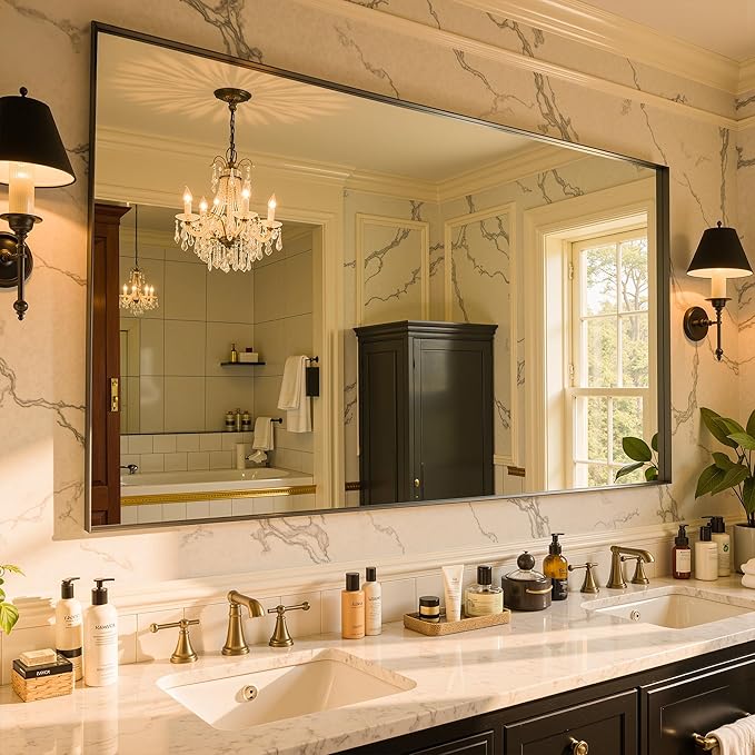 48"x36" Black Framed Bathroom Mirror, Large Rectangular Vanity Mirror, Aluminum Metal Frame, Wall Farmhouse Modern Wall-Mounted Mirrors for Bathroom, Bedroom, Living Room, Over Sink