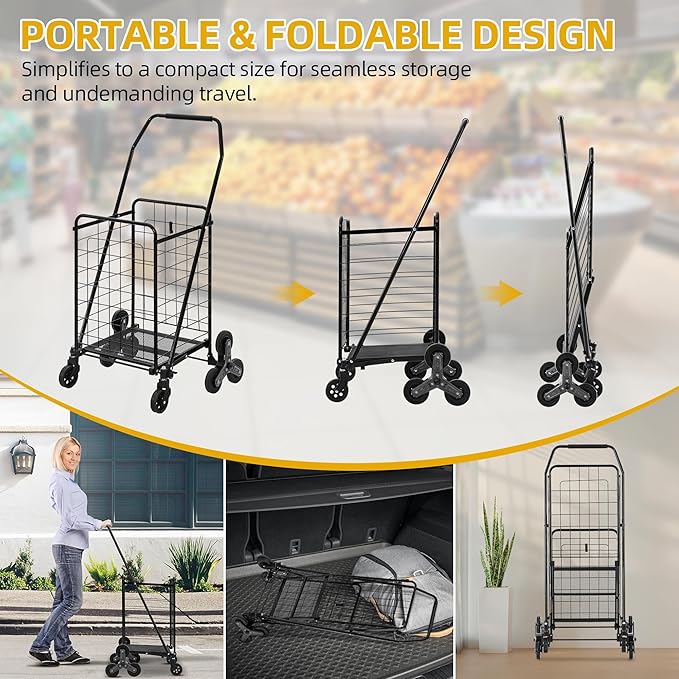 DWVO Folding Stair Climber Shopping Cart, Tri-Wheel Design & 360° Swivel Wheels, Ideal Heavy Duty Utility Cart for Shopping, Laundry, Travel & Stairs for Seniors