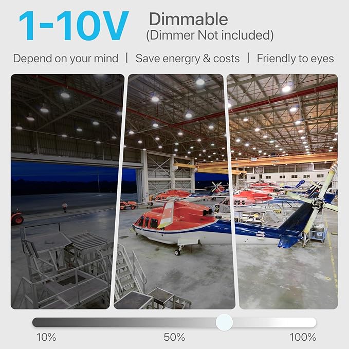 HYPERLITE 4Pack LED UFO High Bay Lights 250W 36,250lm 1-10V Dimmable 5000K 5' Cable with 110V Plug Hanging Hook Safe Rope UL Listed for Shopping Mall Stadium Exhibition Hall