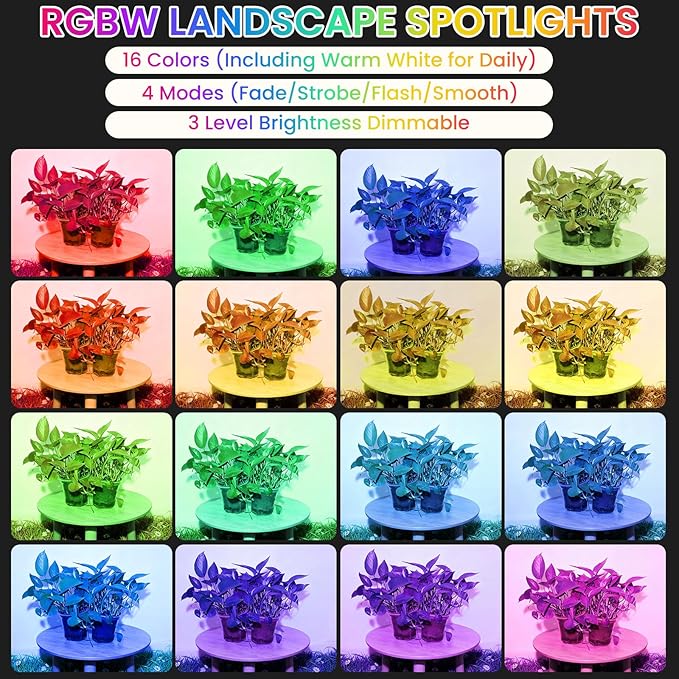 Christmas Spotlights Outdoor: RGBW LED Spot Light Plug in 120V Remote Control 16 Color Changing Landscape Spotlights for Yard Outside House Garden Lawn Path Tree Holiday Décor, 4 Pack (RGB+Warm White)