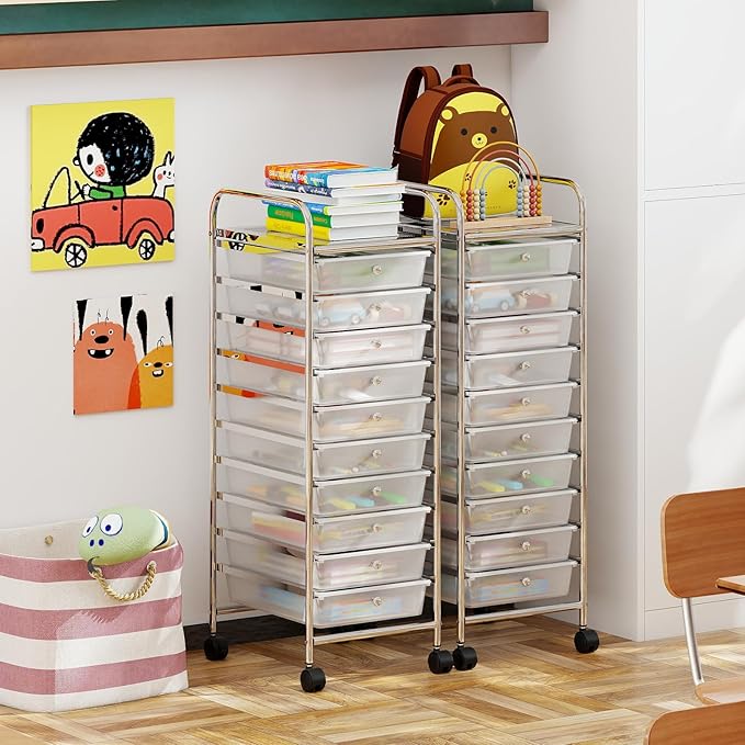 Giantex Rolling Storage Cart with 10 Drawers, Utility Cart with Tabletop, Drawer Organizer with Wheels for Craft Art Paper Tool, Mobile Organization & Sorting for Office Home School School Supplies