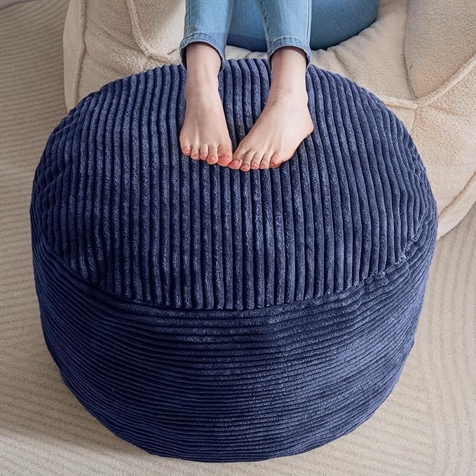 HIGOGOGO Round Stuffed Pouf Ottoman, Corduroy Poufs with Foam Chunk Filling, Furry and Fluffy Pouf Foot Stool Storage Ottoman, 26 X 18 Floor Poufs Foot Rest for Living Room, Navy