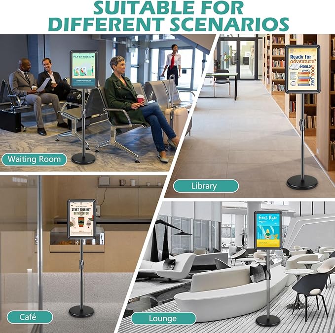 Adjustable Sign Holder Stand for Display, Pedestal Floor Poster Stand Sign Holder 8.5x11 inch, Snap Frame for Vertical and Horizontal View, Standing Sign Holder for Business Mall, Black