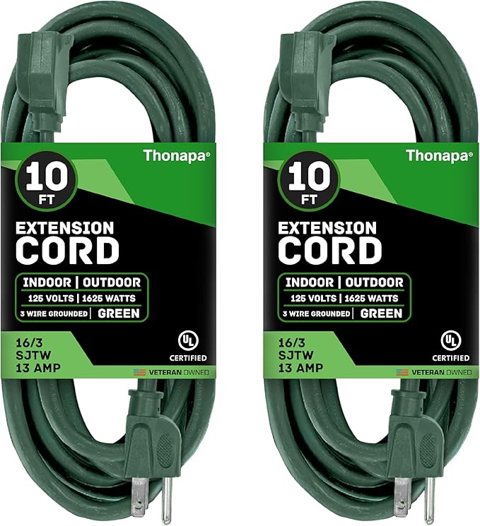 Weatherproof Green Extension Cord 10 ft, 2 Pack, 16/3 SJTW Water Resistant Outdoor Extension Cord 10 Foot 3 Prong, 13 AMP Electric Cable for Outside, Outdoor Lights & Landscaping