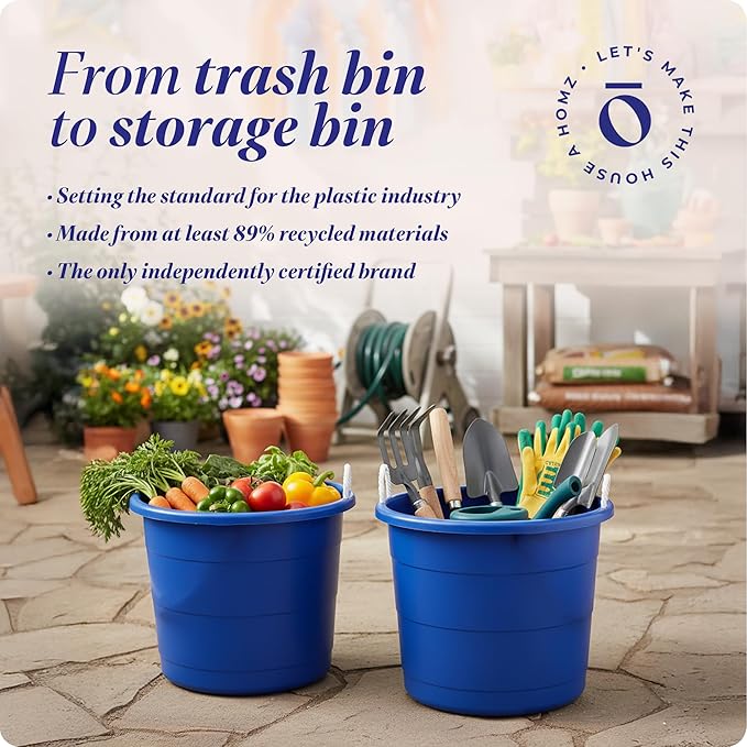 HOMZ 2-Pack Utility Tub, Large Plastic Storage Bucket with Rope Handles, 17 Gallon, Blue - Portable Indoor and Outdoor Buckets for Kitchen, Laundry, Garden, Bathroom, and Garage Organization