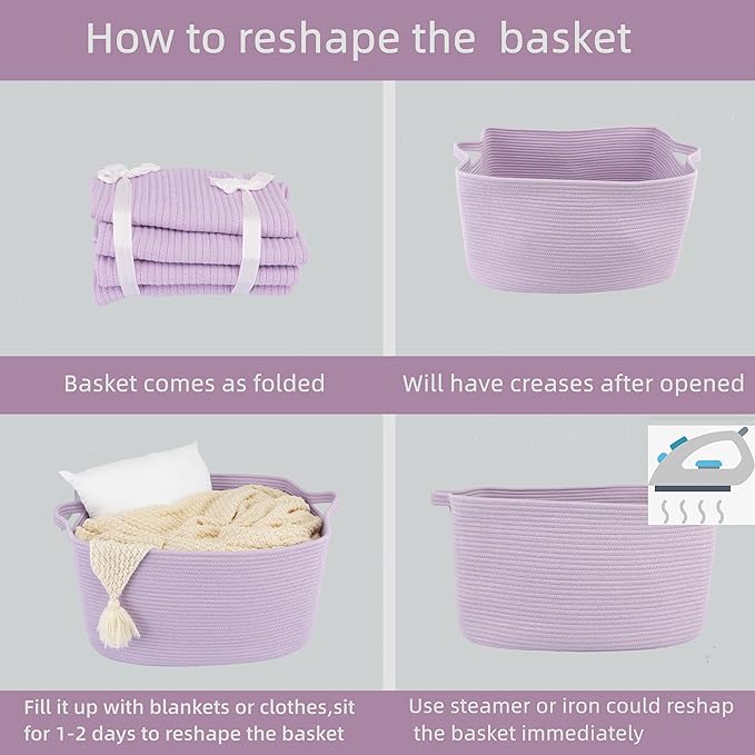 Large Rectangle Blankets Basket Living Room 22"x17"x12" Woven Cotton Rope Storage Baskets for Nursery Toy Basket for Kids Wicker Laundry Baskets Bin for Clothes Towels purple or Lavendor