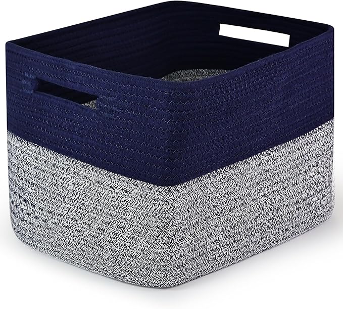 Shelf Woven Storage Basket, 15 x 10 x 9” Closet Rope Baskets For Organizing, Square Bins with Handles, Grey+Blue