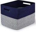 Shelf Woven Storage Basket, 15 x 10 x 9” Closet Rope Baskets For Organizing, Square Bins with Handles, Grey+Blue