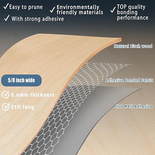 Birch Edge Banding, 5/8 inch x 25ft roll of Veneer Edge Banding, Pre-glued Flexible Real Wood Tape for Cabinet Repair and Furniture Restoration