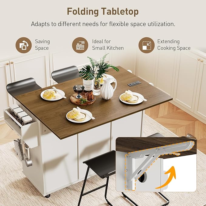 Kitchen Island with Power Outlets & Drop Leaf, Kitchen Cart with Storage, Drawer and Spice Rack, Tower Rack, Island Table, White and Walnut
