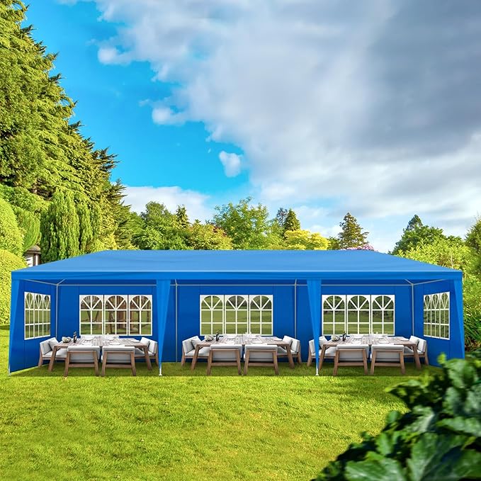 10x30 FT Party Tent, Outdoor Wedding Tents for Parties, Canopy Event Tent with 8 Removable Sidewalls, Waterproof Gazebo Shelter for Birthday Parties, Weddings, BBQs & Events (10X30FT-8Sides Blue)
