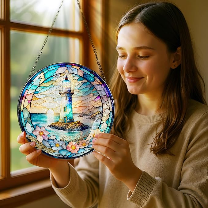 Stained Glass Window Hanging, Pauyadu Lighthouse Sun Catchers, Stained Glass Suncatcher, Lighthouse Decor Gifts for Women, Men, Lovers, Friend, Family and Partners- 8 Inch