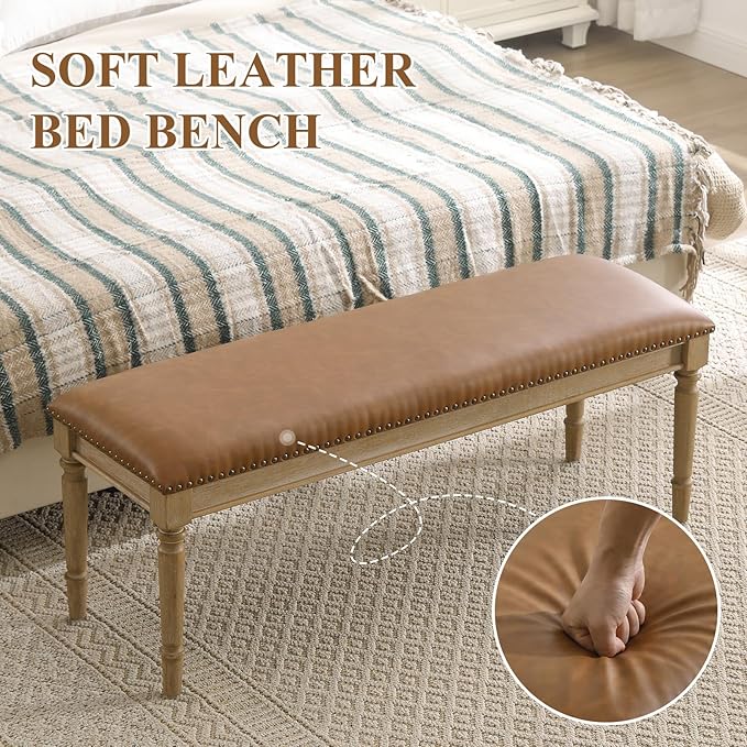 46'' French Country Entryway Bench Wooden Faux Leather Upholstered Seat Dinng Bench with Nailhead Trim for Hallway End of Bed, Brown
