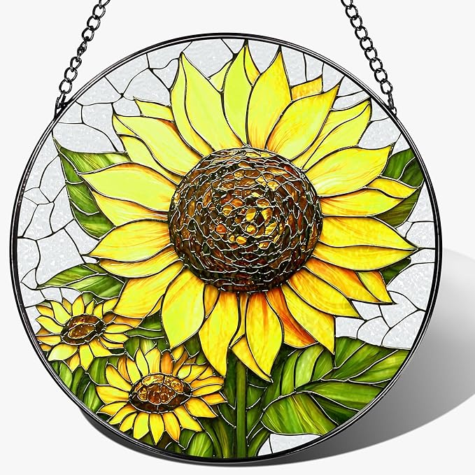8-Inch Stained Glass Ornament, Stained Glass Window Hanging, Sunflower Ornament, Window Hanging Decor Suncatcher | Mother's Day, Christmas, Birthday, Gifts for Sunflower Plant Lovers
