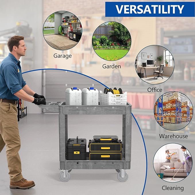 550LBS Utility Cart, 2-Tier 40 * 17 Inch Utility Cart with Wheels,Heavy Duty Service Cart-Lipped Shelves,Ergonomic Storage Handle and Swivel Wheels for Warehouse, Garage, Cleaning,Gray