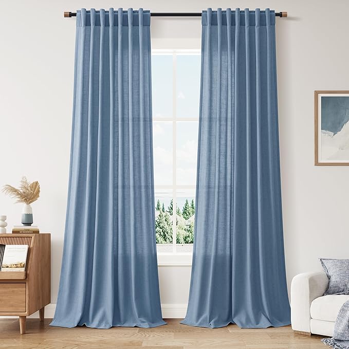 Linen Stone Blue Curtains 108 inch Living Room Back Tab Light Filtering Semi Sheer Drapes Modern Simplicity Farmhouse Coastal Decor for Floor to Ceiling High Window 52x108,2 Panels