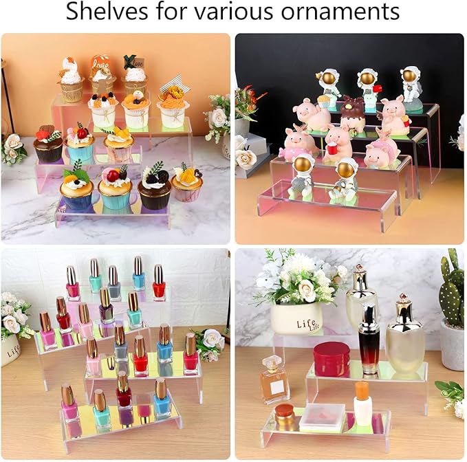 ELEGANTLIFE Acrylic Display Riser,4.3mm Heavy Duty Crystal Display Stand Shelf Layered Aesthetic, Jewelry Display Shelf Risers for Décor,4 Pack Set Multi-color (Iridescent)