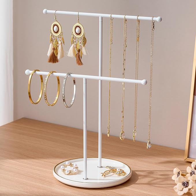 White Jewelry Holder Stand with Ceramic Tray: Small Hanging Necklace Organizer Tree for Earrings, Bracelets, Rings – Jewelry Display Hanger for Women & Girls, White