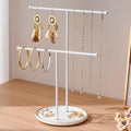 White Jewelry Holder Stand with Ceramic Tray: Small Hanging Necklace Organizer Tree for Earrings, Bracelets, Rings – Jewelry Display Hanger for Women & Girls, White