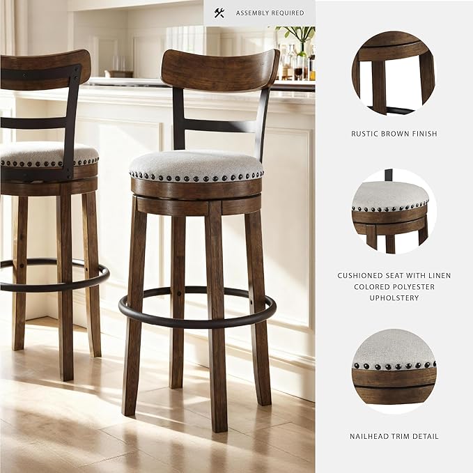 Signature Design by Ashley Valebeck | 30″ Farmhouse Pub-Height Swivel Barstool With Back – Upholstered Cushion, Nailhead Trim, Metal & Wood Frame, Brown