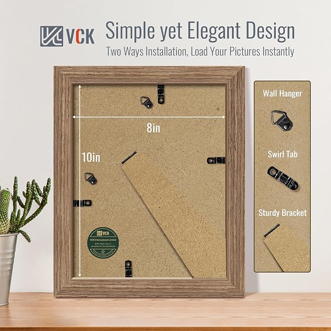 VCK 8x10 Picture Frame 2 Pack - Walnut, High-End Wood Poster Frames with Tempered Glass, Display 5x7 Photo with Mat or 8x10 without Mat, Art Gallery-Quality, Wall Hanging/Tabletop, Walnut