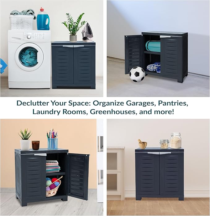 Sunnydaze Plastic Garage Storage Cabinet with Adjustable Shelf - 25.5" H - Garage, Office, Home, Laundry Room - Charcoal
