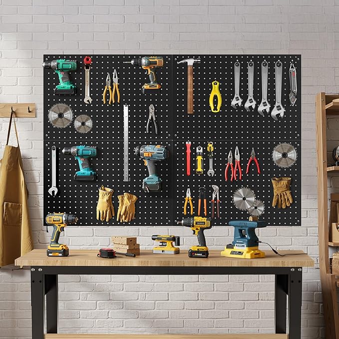 Peg Board, 4 Pack Metal Pegboard Panels Black Pegboards Wall Organizer with Frame Large Heavy Duty Peg Board with Hooks for Walls Home, Garage Tool Storage, Office, Craft Room, Kitchen 24”×16”