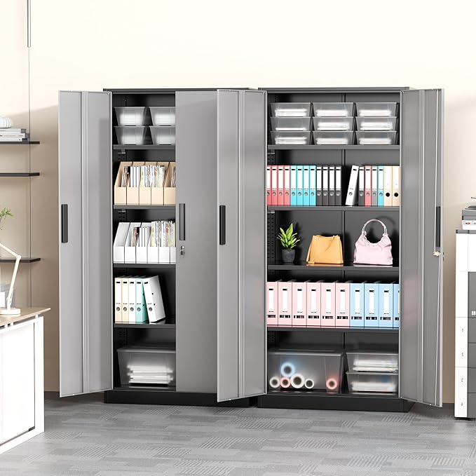Greenvelly Metal Garage Storage Cabinet with Lock, 72”Metal Storage Cabinet with 2 Doors and 4 Adjustable Shelves, Steel Tool Cabinet for Garage,Home Office, School,Gym (Black Grey)