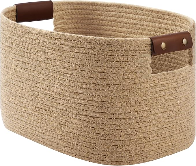 Cotton Rope Basket, Storage Baskets with Handle, 15x10x9 Inch Woven Basket for Shelves, Laundry, Towels, Clothes, Books (Jute/Brown 1Pack)