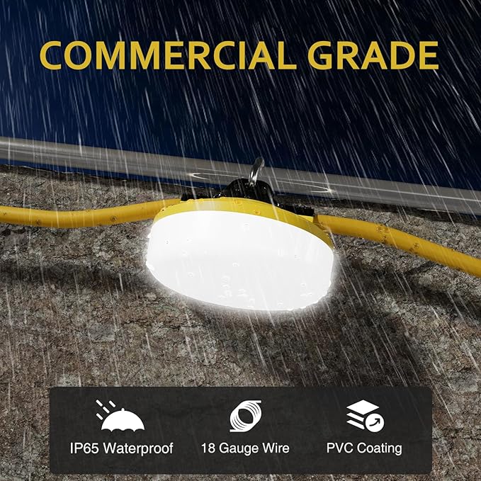 LED Construction String Lights 50FT, 5000 LM, 5000K Daylight LED String Work Lights, 50W Temporary Lighting for Job Site Outdoor Indoor, IP65 Waterproof Temporary Construction Lights, ETL Listed
