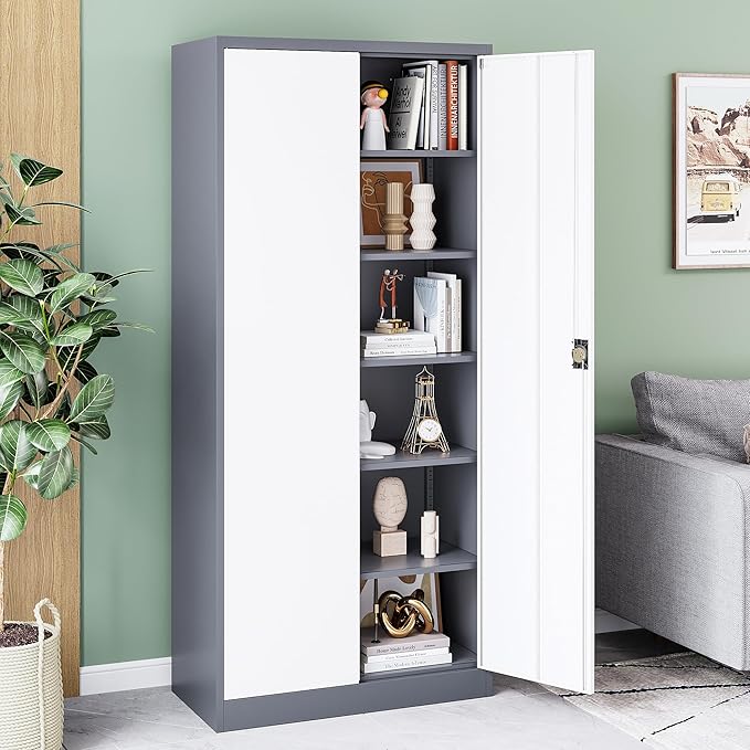 Metal Cabinet,Locking Storage Cabinet with 2 Doors and 5 Adjustbale Shelves,72" Tall Tool Steel Cabinets for Garage,Home Office,School,Gym(Grey & White)