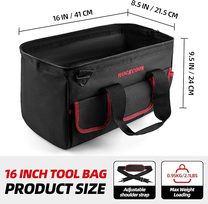 Tool Bag 16'', Multi-pocket Tool Organizer with Shoulder Strap, Heavy Duty Tote with for Tool Storage, Black & Red