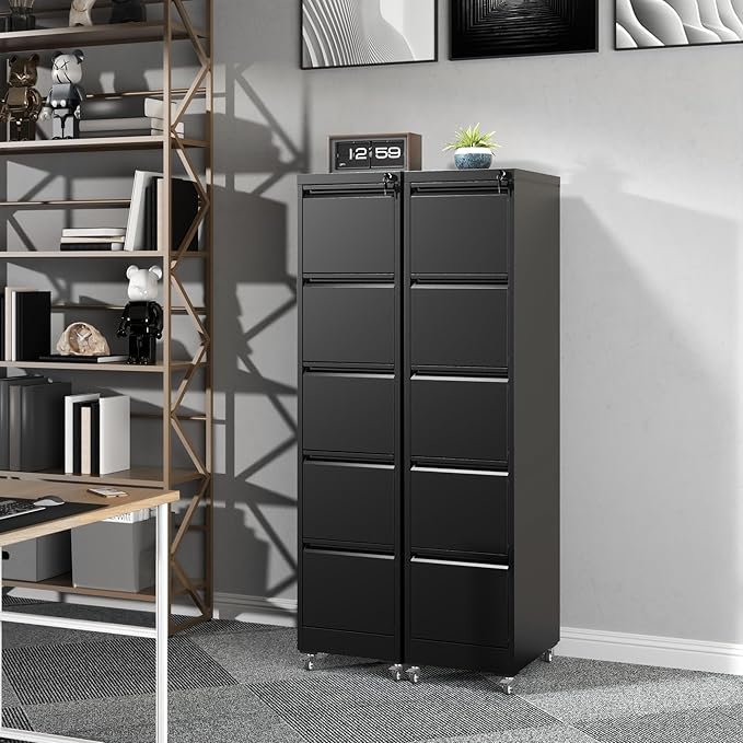 5 Drawer Rolling File Cabinet with Lock, Metal Filing Cabinets on Wheels, Vertical Steel Office Drawers Storage for Hanging Legal/Letter Folders, Require Assembly (Black)