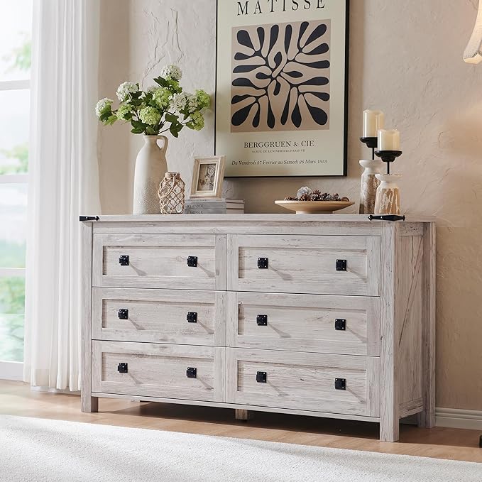 RedLemon Farmhouse 6 Drawer Dresser for Bedroom, 54 Inch Wide Rustic Wood Dresser TV Stand, Dresser Chest of Drawers for Closet, Living Room, Hallway, Antique Brush White
