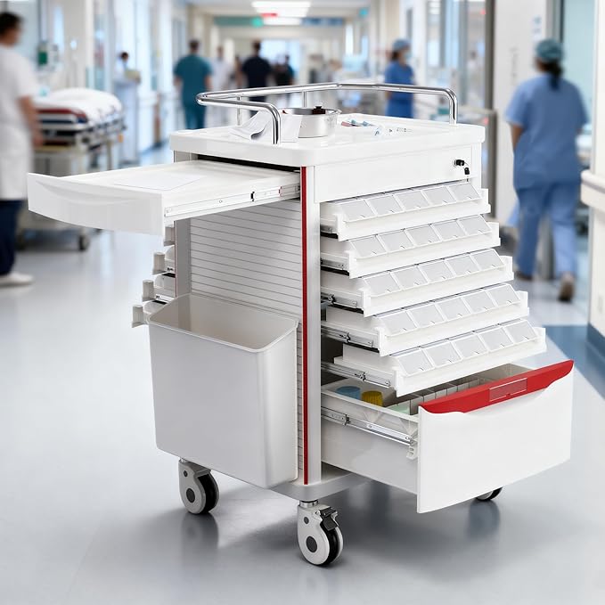 Medication Bins Cart with 200 Bins, 10 Drawers - Dual-Sided Open, 50 Medicine Boxes, Hidden Sub Workbench, Silent Casters, Container, 2 Trash Bin-Medical Crash Cart for Clinic, Hospital and Lab