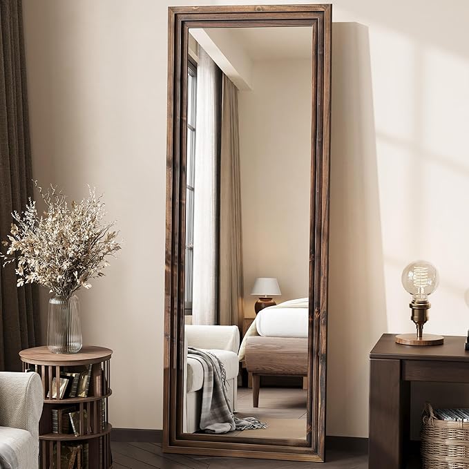 Full Length Mirror, 63"x21" Rustic Farmhouse Floor Mirror with Stand, Rectangular Solid Wood Frame in Walnut Finish, Full Body Mirror for Bedroom, Hallway & Living Room
