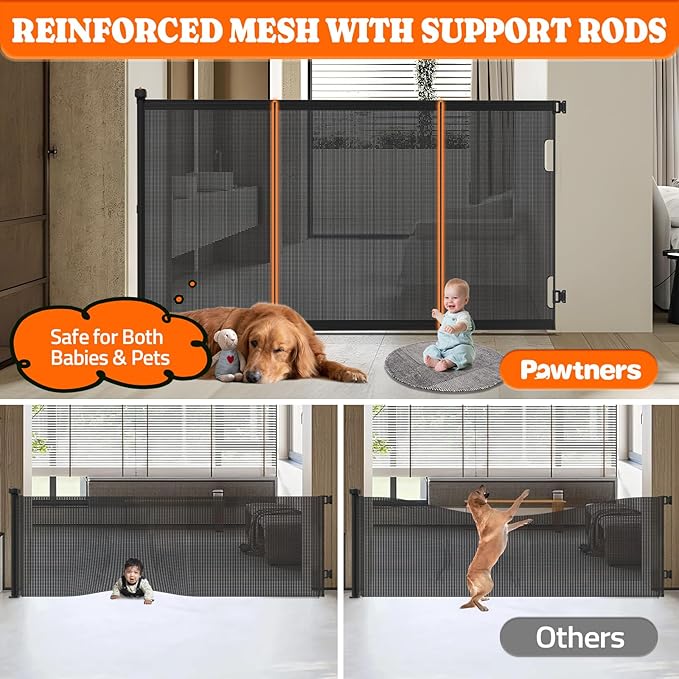 Pawtners Retractable Baby Gates Extra Wide, Dog Gate Indoor with Cat Door for Stairs, Pet Gate with Support Rods for Doorways Hallways Indoor & Outdoor,51" Tall x 200" Wide