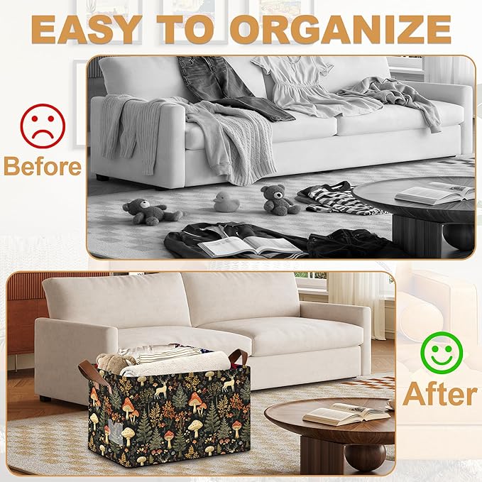 Decorative 32L Forest Mushroom Storage Bins with Handles, Organization and Storage, Cube Storage Organizer for Hamper, Nursery