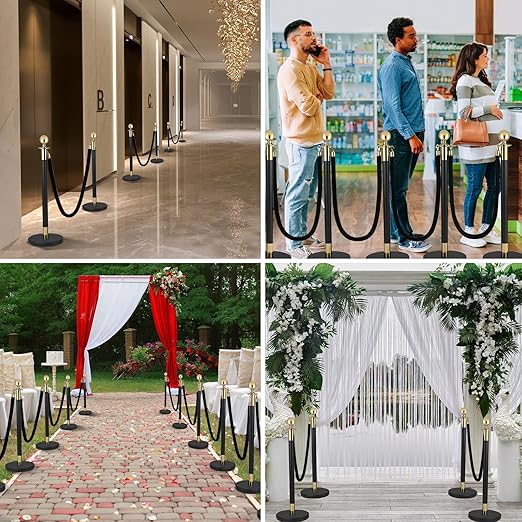 6Pack Stanchions and Velvet Ropes, 5 ft Black Velvet Rope and Poles Set, Black-Gold Stainless Steel Stanchion Posts Crowd Control Barriers for Red Carpet Runner Party Supplies