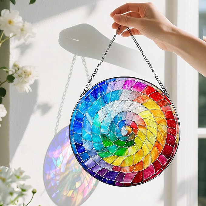 Stained Glass Window Hanging, 8 Inch Rainbow Spiral Stained Glass Suncatcher, Spiral Window Hanging Decor, Geometric Spiral Suncatcher Wall Decor, Gift for Women Men Wife Lovers and Mom