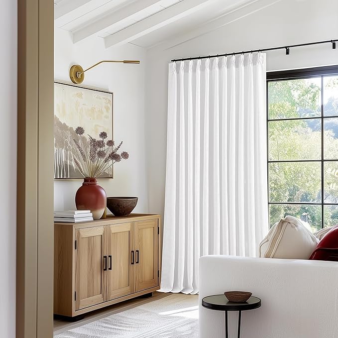 Pinch Pleated Linen 96 Inch Curtains 70 Inch Width for Living Room Divider Light Filtering Thick Linen White Extra Wide Patio Curtains for Sliding Door Balcony Floor to Ceiling Picture Window 1 Panel