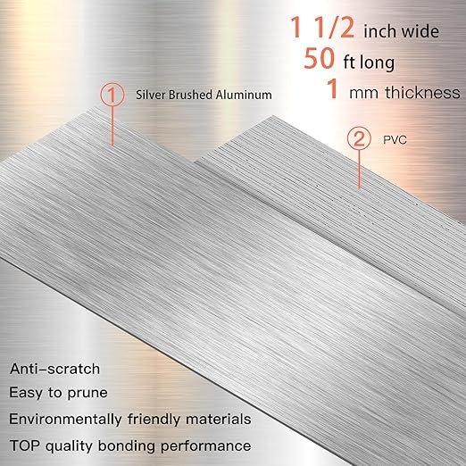 GSCIT Club Silver Edge Banding, 1 1/2 Inch x 50ft Aluminum Brushed Edge Banding PVC Edge Trim for Cabinet Repair Furniture