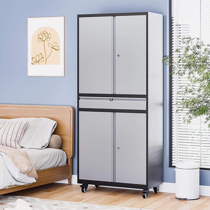 73" Metal Garage Storage Cabinet with Wheels， Rolling Tool Storage with Locking Doors， Adjustable Shelves and Drawer, Heavy Duty Steel Tool Cabinet for Garage, Warehouse, School(Black Grey)