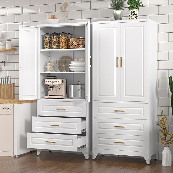Kitchen Pantry Cabinet, 75" Tall Pantry Cabinet with Three Drawers, Metal Storage Cabinets with Doors and Shelves, Freestanding Food Cupboard for Dining, Living Room, White, Assembly Required