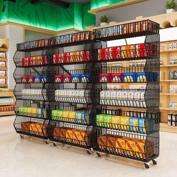 Commercial Supermarket Display Cart - 5-Tier Industrial Slanted Rolling Shelves Metal Storage Rack for Retail Store, Warehouse & Home Use, 110LBs/Tier Tool-Free Setup