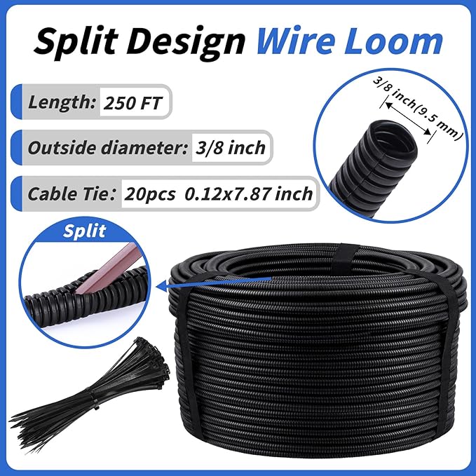 250FT Split Wire Loom Tubing, 3/8 Inch Wire Protector Tubing, Automotive Wire Flexible Conduit Cord Covers with 20 Cable Ties for Automotive Marine RV Agriculture Electrical Cable Protection