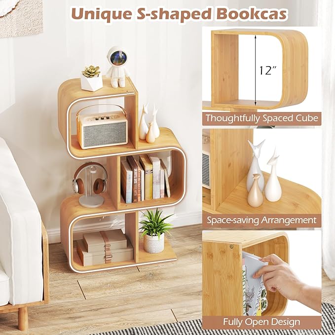 Giantex S-Shaped Bookcase, 3-Tier Bamboo Bookshelf with 3 Open Cubes, Geometric Corner Display Shelf, Decorative Storage Organizer, Floor Storage Rack for Living Room, Home Office, Natural